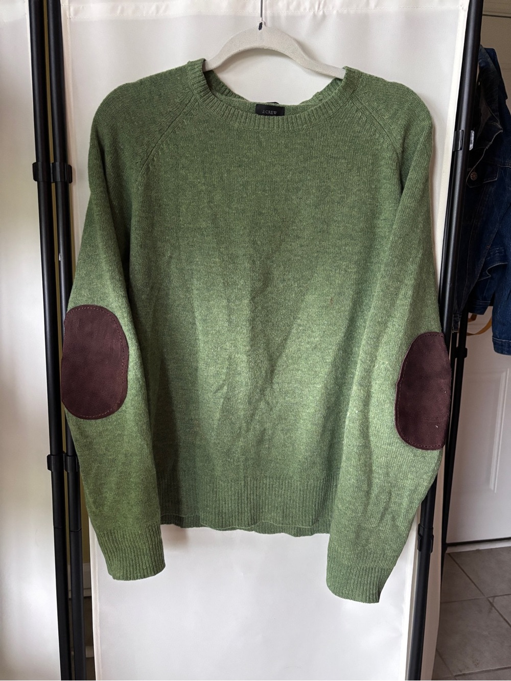J. Crew 100% Lambswool Olive Green Crewneck Sweater with Brown Elbow Patches